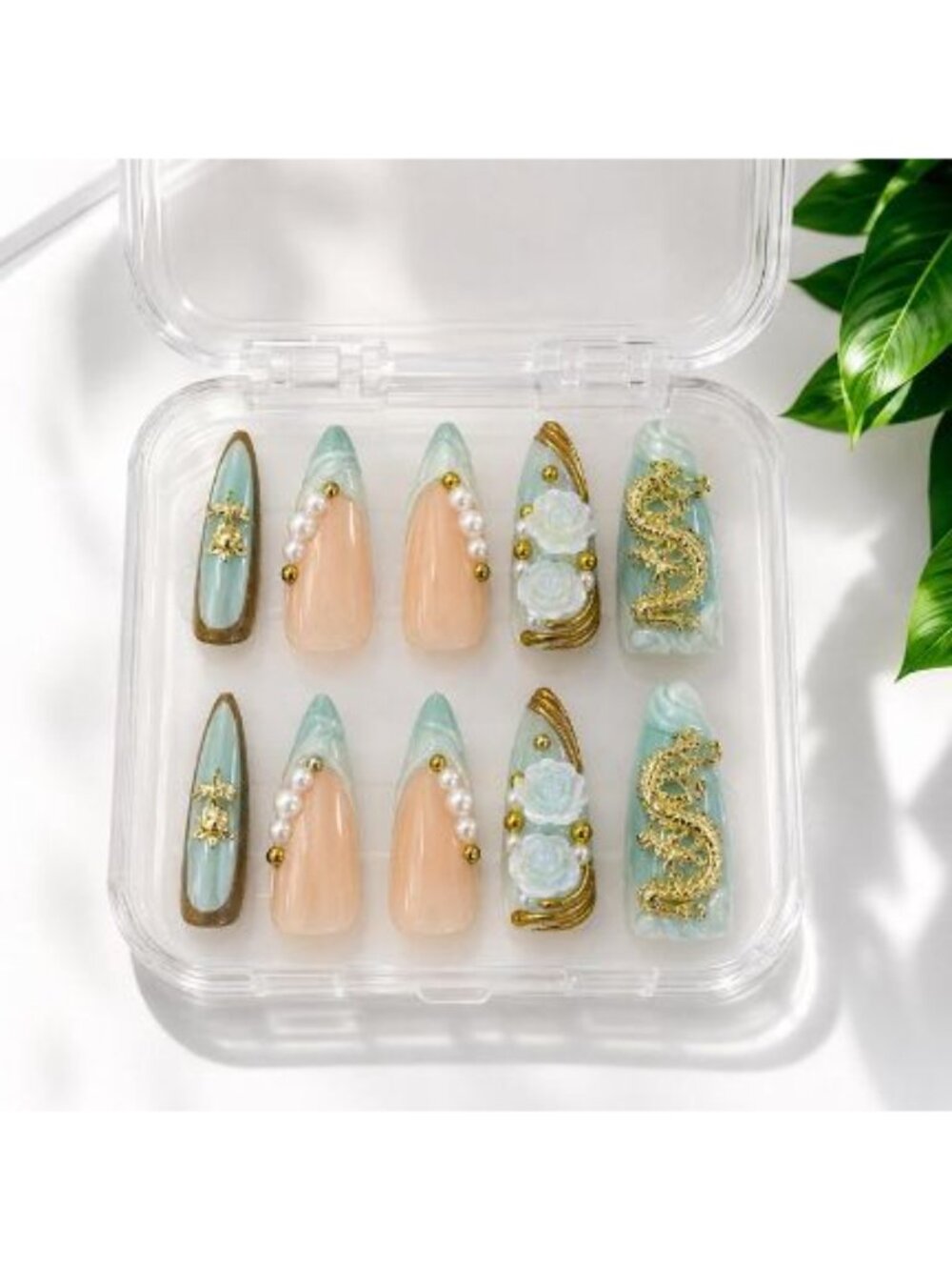 Mint Green & Gold Press-On Nail Set - Picture 2 of 4